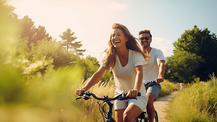 Happy young couple explores nature by bike . AI Generated