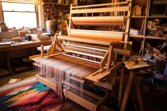 loom with partially completed navajo rug, created with generative ai