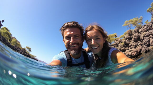 happy couple snorkeling in a wonderful coral reef. AI Generated