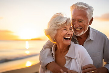 Obraz premium Portrait of 2 Happy seniors enjoying their golden years of retirement with a beach sunset. AI Generated