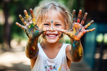 portrait of a funny child girl shows hands dirty with paint. AI Generated - Powered by Adobe