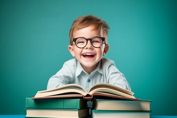 portrait of a happy child little boy with glasses sitting on a stack of books and reading a books, light blue background. AI Generated - Powered by Adobe