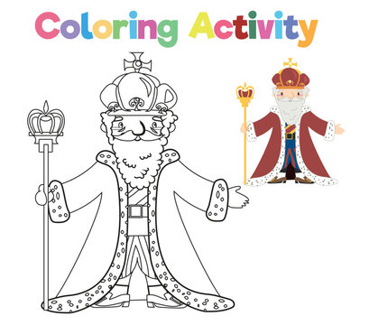 Coloring page a fairy tale the king in black and white. king with sceptre. Vector outline fantasy monarch in crown and mantle. Medieval fairytale king character. 