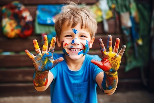 portrait of a funny child boy shows hands dirty with paint. AI Generated