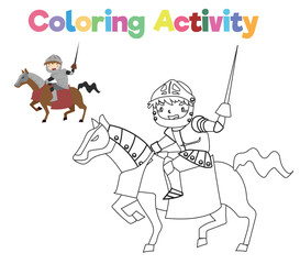 Coloring page a fairy tale Medieval Kingdom black and white the cute knight riding horse in armour and holding a sword. Vector outline fantasy kingdom. Medieval fairytale a knight cartoon character. 