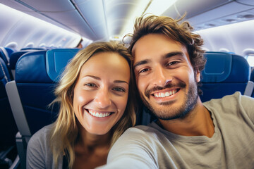 portrait selfie happy tourist couple taking selfie inside airplane . AI Generated