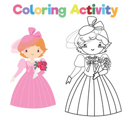 Coloring page a fairy tale Medieval Kingdom black and white the cute princess in pink dress holding a bouquet of flower. Vector outline fantasy kingdom a princess. Medieval fairytale princess 