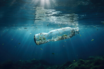 Floating bottle. Problem of plastic pollution under the sea concept. Generative AI