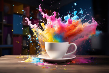 Rainbow explosion in the coffee cup,. AI Generated