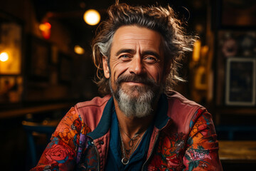 Fototapeta premium smiling old tattooed fashion man with bold hair smoking a cigarette. AI Generated