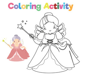 Coloring page a fairy tale Medieval Kingdom black and white the fairy godmother. Vector outline fantasy monarch kingdom. Medieval fairytale a fairy godmother cartoon character. 