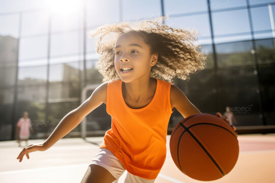 Pre-adolescent girl dribbling ball at sports court. AI Generated
