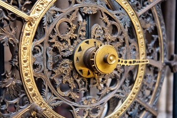 close-up of intricate gears inside astronomical clock, created with generative ai