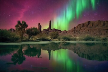 Fototapeta na wymiar green and pink hues of aurora borealis reflected in desert oasis, created with generative ai