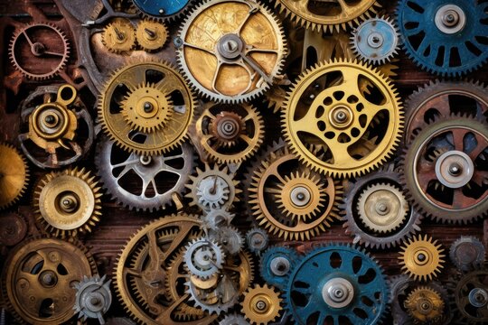 overhead view of antique clock gears, created with generative ai