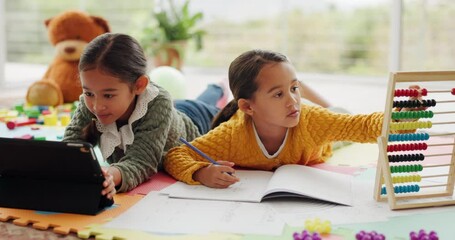 Elearning, children with homework and tablet in apartment for kindergarten online class and abacus for math education. Home school, digital classroom and kids learning with internet, book and writing - Powered by Adobe