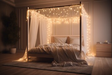 Cozy bedroom interior with mock up poster frame, big bed, beige bedding, plaid, lamp, wooden stands, black ladder, beige rug, wall with stucco and personal accessories. Generative AI