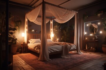 Cozy bedroom interior with mock up poster frame, big bed, beige bedding, plaid, lamp, wooden stands, black ladder, beige rug, wall with stucco and personal accessories. Generative AI