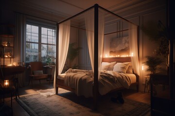Cozy bedroom interior with mock up poster frame, big bed, beige bedding, plaid, lamp, wooden stands, black ladder, beige rug, wall with stucco and personal accessories. Generative AI
