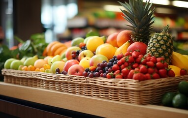 A colorful fresh fruits and Vegetables on a table. AI