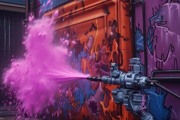 close-up of cleaning solution spraying on graffiti, created with generative ai