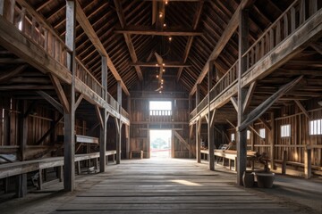 interior of the barn showing restored wooden structure, created with generative ai