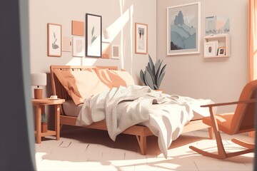 Bed illustration between ladder and plant in green boho bedroom interior with grey carpet under lamps. Generative AI