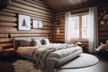 Interior of mountain wooden lodge bedroom.Generative AI