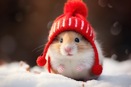 Cute fluffy little hamster in a red knitted hat standing in snow on a winter day, close-up of rodent outdoors