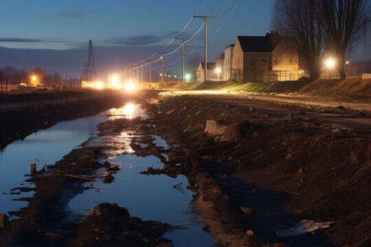 long exposure of a damaged levee at night, showing repair work lights, created with generative ai