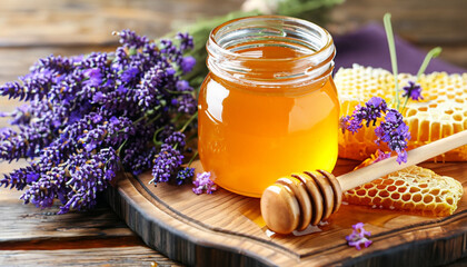 Sweet honeycomb and Jar of fresh honey with stick and lavander flowers on wooden table 