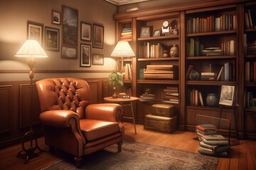 Bookcase with armchair in modern interior of room. Generative AI