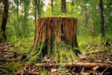 close-up of tree stump in deforested region, created with generative ai