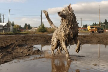 Fototapeta premium dog shaking water off next to a muddy puddle, created with generative ai
