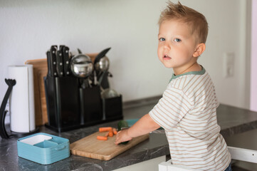 Little boy cutting carrot in kitchen