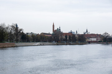 Wroclaw landscape panorama. Odra river Historical capital of Silesia, Europe. City hall architecture buildings. Old town landmark cathedrals church. Travel tourist destination 