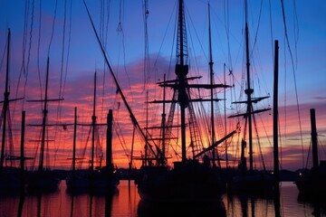 silhouette of trawlers mast and rigging against twilight sky, created with generative ai
