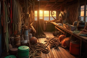 fishing equipment and ropes on trawlers deck during dusky evening, created with generative ai
