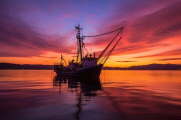 wide shot of fishing trawler silhouette against colorful dusk sky, created with generative ai