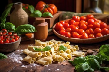 freshly rolled pasta with tomatoes and basil, created with generative ai