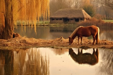 Fototapeta premium horse eating hay near a tranquil pond, created with generative ai