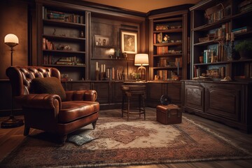 Bookcase with armchair in modern interior of room. Generative AI