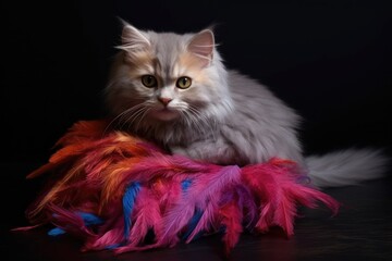 kitten resting, feather toy draped on its back, created with generative ai