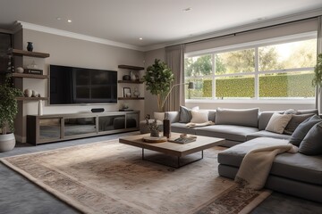 Fototapeta na wymiar a living room with hardwood flooring and large windows. Generative AI