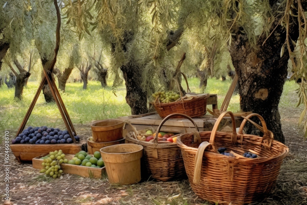 Canvas Prints olive picking tools and baskets in the orchard, created with generative ai