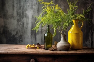 olive oil and branches composition on rustic table, created with generative ai
