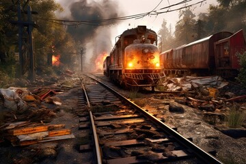 Naklejka premium derailment scene with twisted metal and debris, created with generative ai