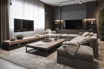 Minimalist living space leather couch big windows. Generative AI