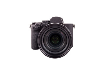 Fototapeta premium Front view of modern and brand new mirror less camera isolated on a white background with soft shadow