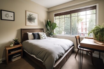 modern cozy soft interior design of a room with a bedroom. Generative AI